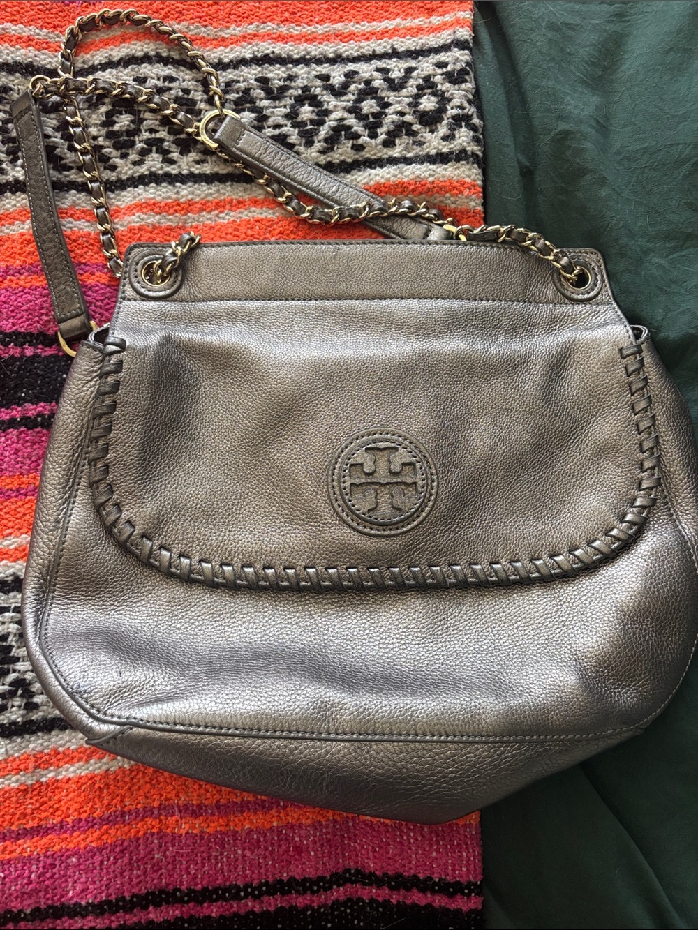 Tory Burch Metallic Pewter Chain-Trim Shoulder Bag
